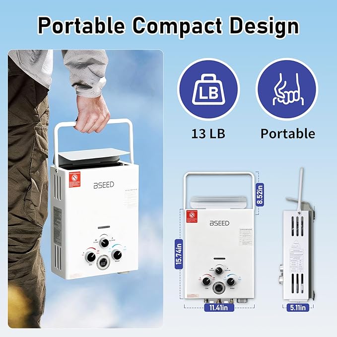 BSEED Propane Water Heater Tankless, 41,000 BTU, 1.58GPM 6L Outdoor Propane Gas Water Heater with Digital Display and Multi-Protection for Camping, RV, Boat, Cabins, White