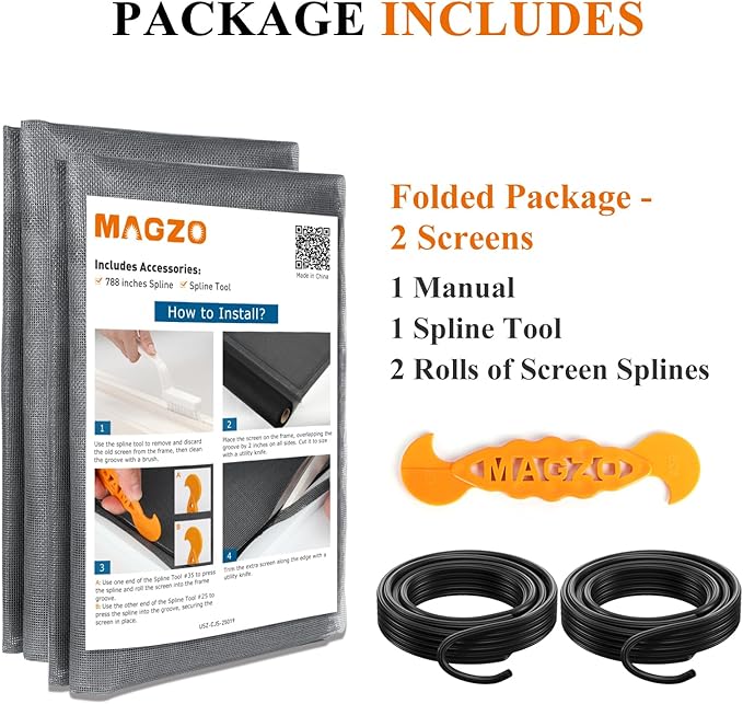 2PACK MAGZO Window&Door Screen Replacement Kit, 48''W x 99''L, with Retainer Spline (Total 65.6 FT) and Press-Fit Roller Tool, Scratch-Proof Polyester, Mesh Roll Repair for Patio, Pet Friendly, Grey