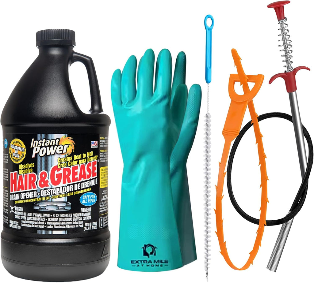 Ultimate Drain Solution Instant Power Hair & Grease Drain Cleaner Opener 2L Bundle with Drain Snake Hair Drain Clog Remover, and Protective Gloves