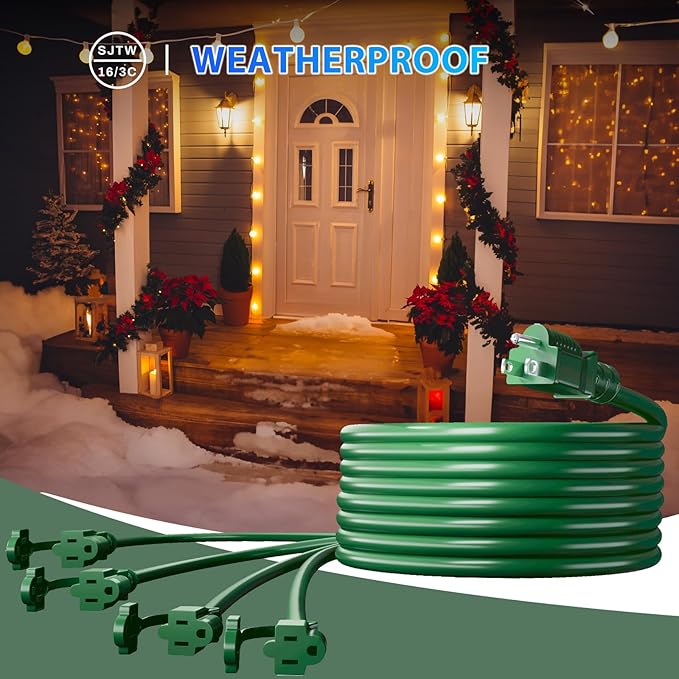 K KASONIC - 46FT Halloween Lights Outdoor Extension Cord with Mutil Outlets, ETL Listed Heavy Duty Electrical Cord with Protective Covers, Weatherproof Extension Cord for Outside, 16AWG/1625W, Green