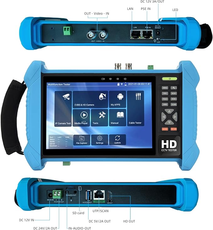 Koolertron 7" IPS Touch Screen 4K H.265 IP Camera Tester - POE/WiFi, CVBS Analog Tester, HDMI Output, RJ45 TDR, 8GB TF Card, Dual Window Test, Firmware Upgrade