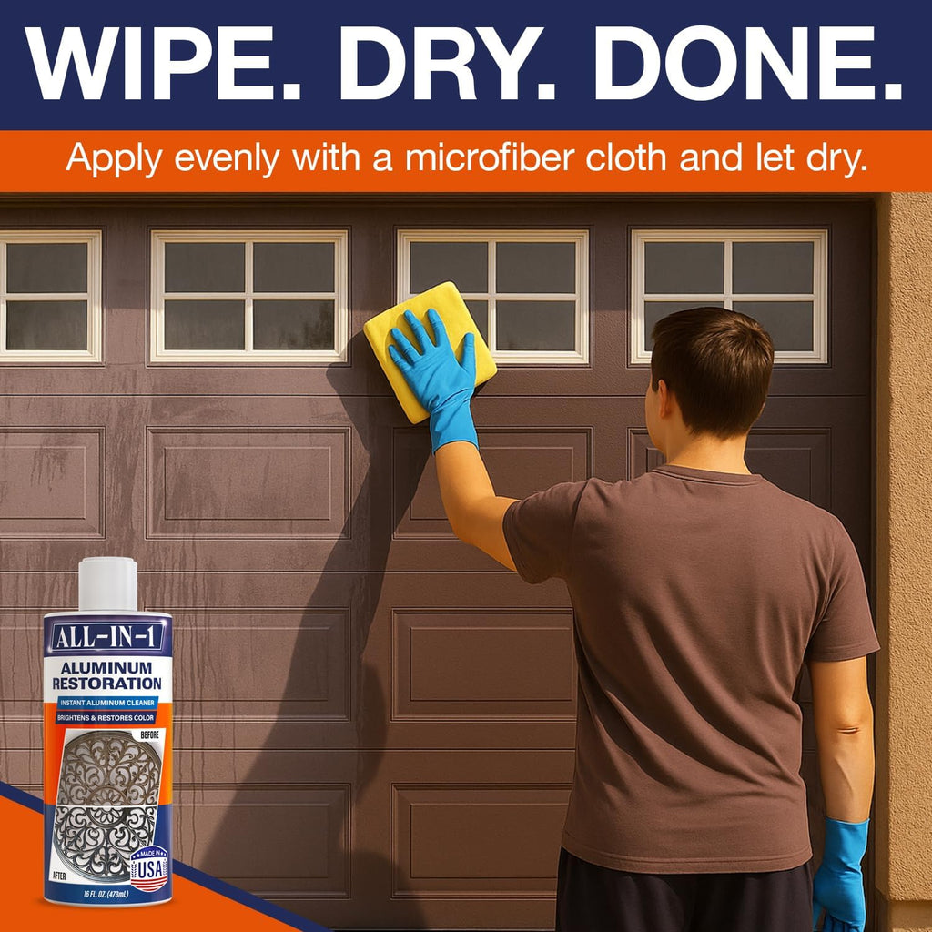 All-In-1 Aluminum Cleaner & Restoration Solution – Made in USA, Restores Faded Patio Furniture, Garage Doors, & Outdoor Fixtures, Aluminum Brightener & Restorer for All Painted Metal Surfaces, 16 OZ