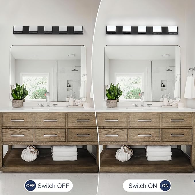 SineRise LED Modern Bathroom Vanity Light Fixtures (5-Light, 40-Inch,6000K), Matte Black Modern Acrylic Bathroom Wall Lighting Fixtures Over Mirror