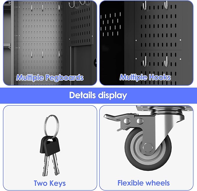 Garage Storage Cabinet with Wheels and 5 Pegboard, Broom Closet Storage Cabinet with Hanging Rod and 13 Hooks, Metal Cabinets with Locking Doors and 4 Shelves, 61.7"H x 27.6"W x 13.8"D,Black