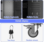 Garage Storage Cabinet with Wheels and 5 Pegboard, Broom Closet Storage Cabinet with Hanging Rod and 13 Hooks, Metal Cabinets with Locking Doors and 4 Shelves, 61.7"H x 27.6"W x 13.8"D,Black