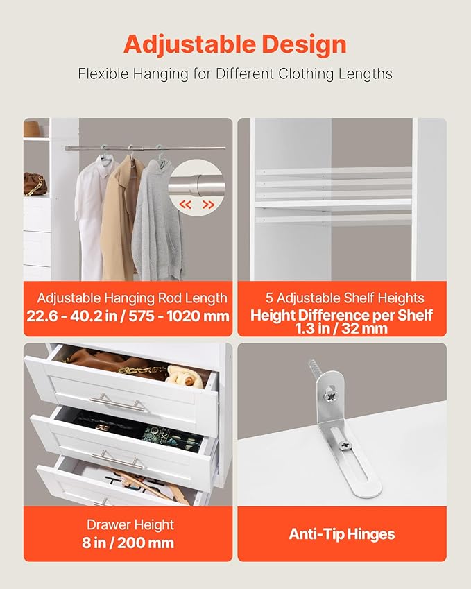 VEVOR Closet System with 3 Drawers, Adjustable Height Wooden Closet Organizers, Modern Walk-in Wardrobe Organization with 4 Retractable Clothes Hanger Rods, Freestanding Garment Rack Storage, White