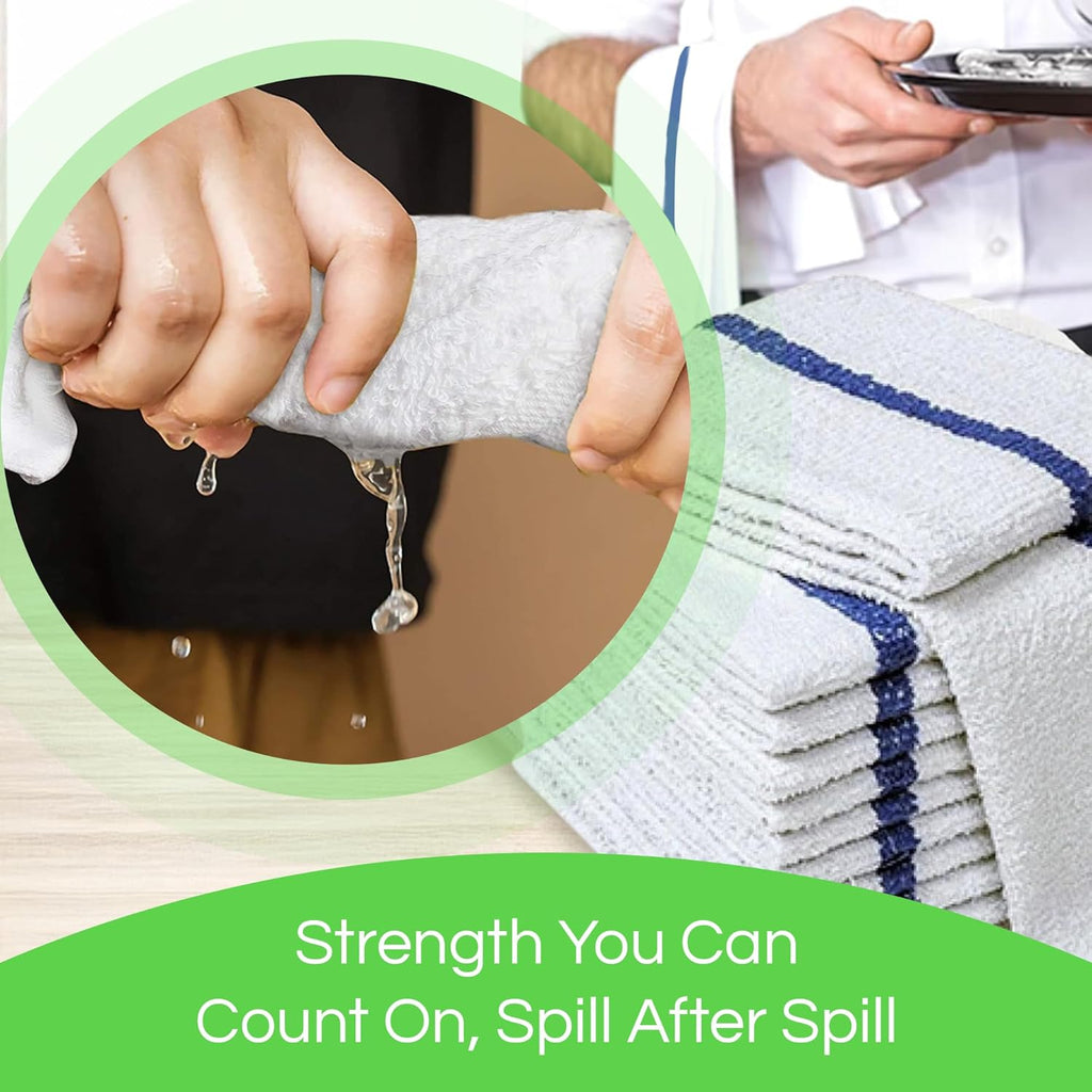 Towels N More 24 Pack 16x19 Bar Mop Towels High Absorbent Cotton Reusable Kitchen Towels - Quick Drying Towels for Chef, Cook, Home, Restaurant, Bar Glass Cleaning Towels (24, Blue Stripe)