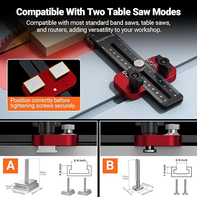 Preciva Thin Rip Jig & Push Stick - Aluminum Alloy Table Saw Jig for Repetitive Narrow Strip Cutting, Fast, Accurate Guide for Table Saws, Band Saws, Routers, Fits 3/8" x 3/4" & 1/4" x 3/8" T-slot