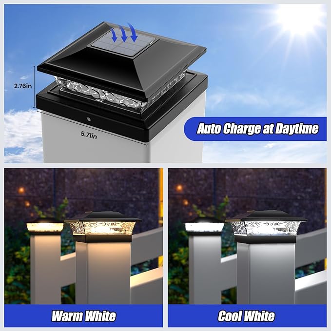 APONUO Solar Post Cap Lights 6 Pack, Waterproof Outdoor LED Deck Lights for 4x4, 5x5, 6x6 Wood Fence & Vinyl Posts, 2 Color Modes (Warm/Cool), All-Night Lighting, Auto On/Off, Patio Garden Yard Decor