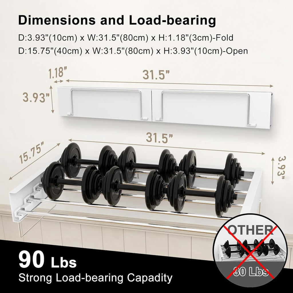 Wall Mounted Drying Rack, Foldable Laundry Rack, Collapsible Drying Rack, 5 Stainless Rods, Wall Mounted Clothing Rod with 2 Towel Bar, 90 lb Capacity, 31.5" White