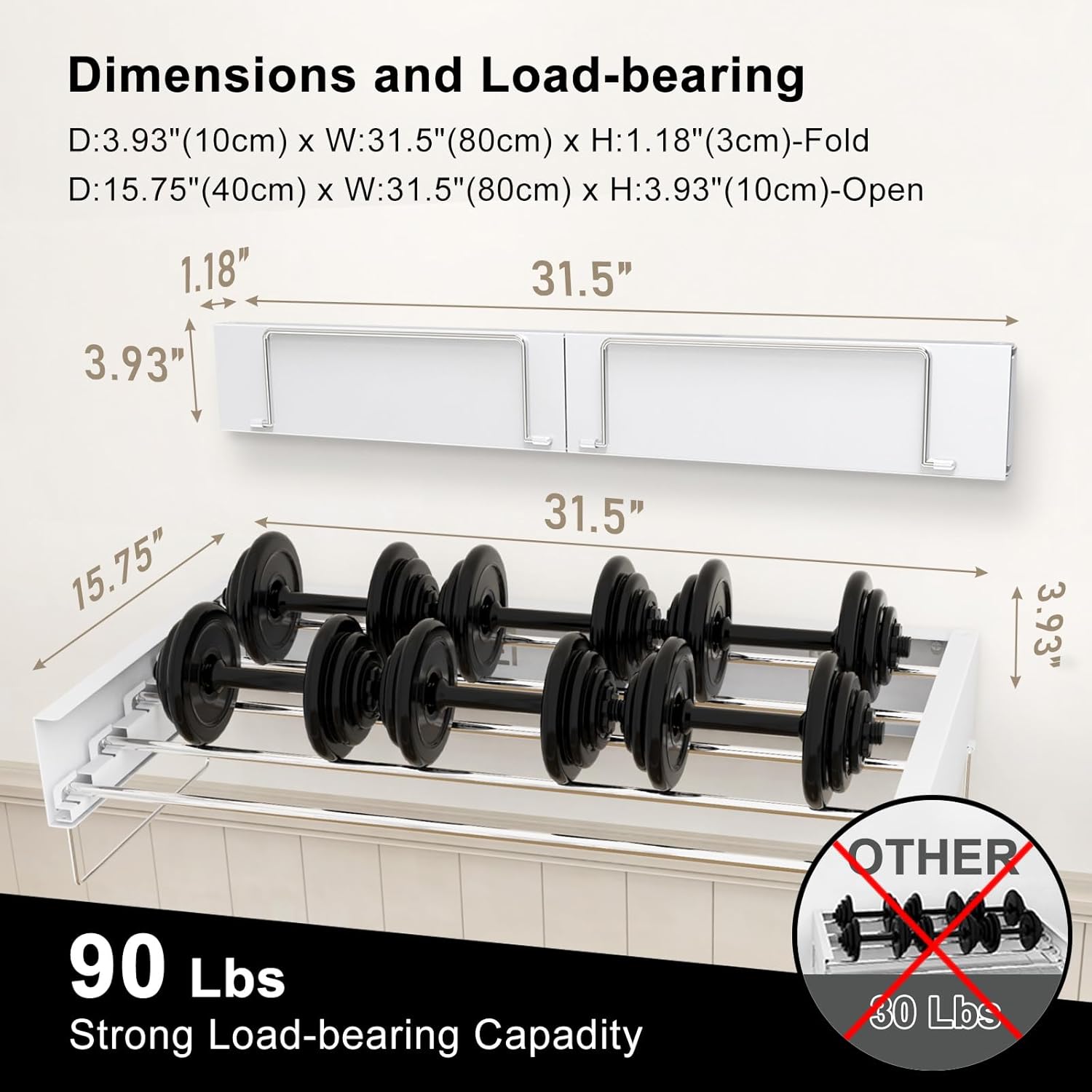 Wall Mounted Drying Rack, Foldable Laundry Rack, Collapsible Drying Rack, 5 Stainless Rods, Wall Mounted Clothing Rod with 2 Towel Bar, 90 lb Capacity, 31.5" White