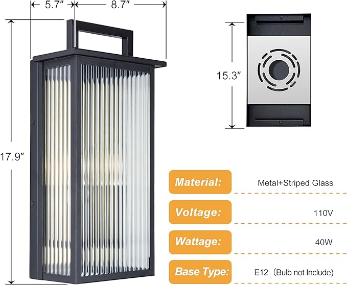 17.92INCH Large Outdoor Wall Lights, Dusk to Dawn Outdoor Lighting with Elegant Striped Glass, Waterproof Exterior Lighting Fixtures Modern Outside Sconce for Porch, Patio, Doorway