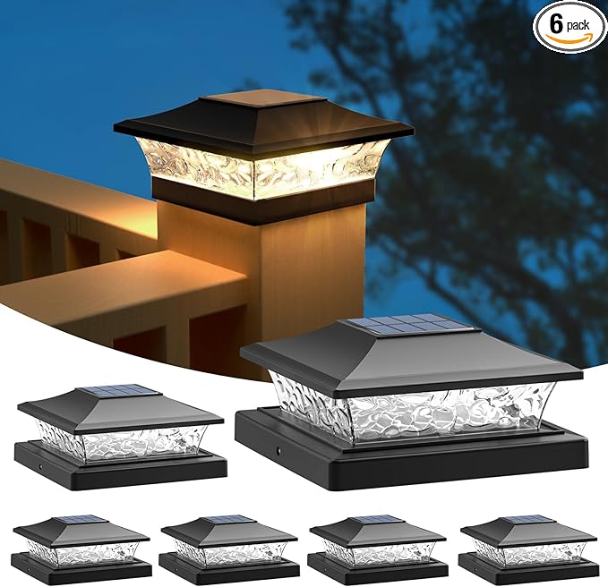 APONUO Solar Post Cap Lights 6 Pack, Waterproof Outdoor LED Deck Lights for 4x4, 5x5, 6x6 Wood Fence & Vinyl Posts, 2 Color Modes (Warm/Cool), All-Night Lighting, Auto On/Off, Patio Garden Yard Decor