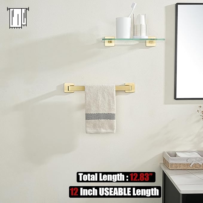 JQK Gold Towel Bar, Rounded Edges 14.41 Inch Towel Rack, 304 Stainless Steel Bathroom Wall Mount, Useable Length 12 Inch, TB250L12-BG