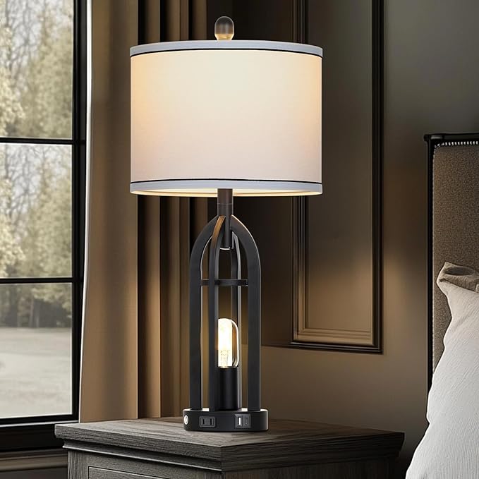 27" Tall Vintage Table Lamp with USB C+A & Outlet,Black Industrial End Table Lamp for Living Room,Farmhouse Rustic Bedside Lamps with Night Light for Bedroom Nightstand,Black（2 LED Bulbs Included）