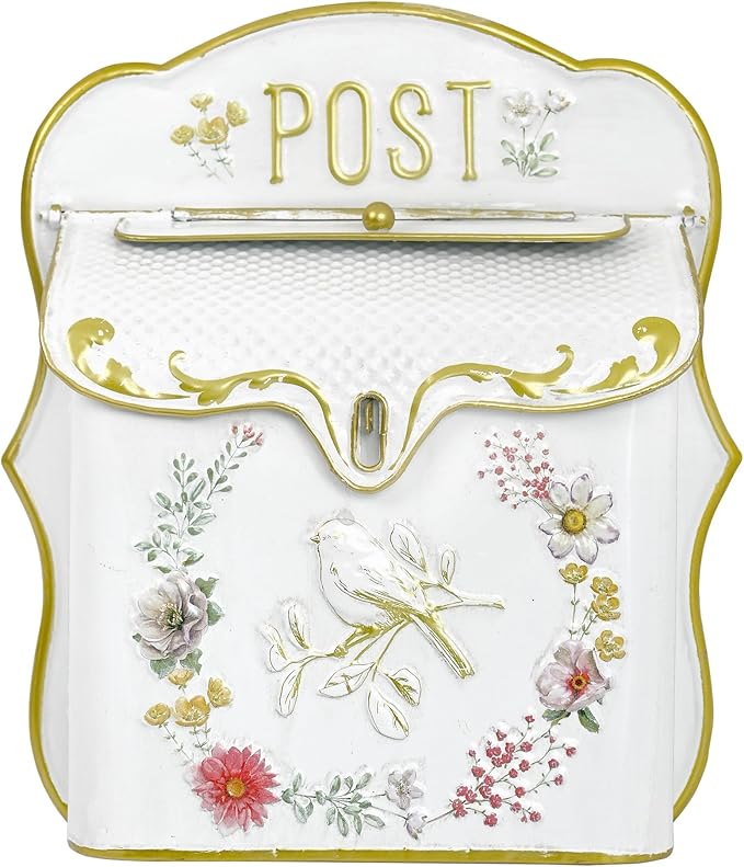 Mailbox Wall Mount Mailboxes for Outside Vintage Mail Boxes for House Outside Metal Drop Box Antique Style Nostalgic Charm Home Decorative, Bird Pattern, White