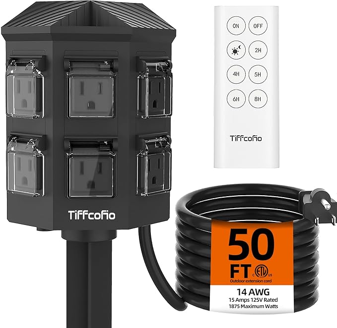 TiFFCOFiO Outdoor Power Strip with 50 FT Extension Cord, 100FT Remote Control, Dusk to Dawn Light Timer Waterproof, 6 Grounded Outlets for Yard, Pool and Garden, ETL Listed (50 FT)