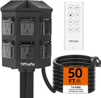 TiFFCOFiO Outdoor Power Strip with 50 FT Extension Cord, 100FT Remote Control, Dusk to Dawn Light Timer Waterproof, 6 Grounded Outlets for Yard, Pool and Garden, ETL Listed (50 FT)