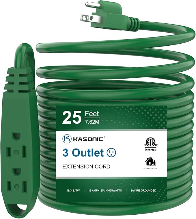 K KASONIC - 25-Feet 3 Outlet Extension Cord, UL Listed, 16/3 SJTW 3-Wire Grounded, 13 Amp 125 V 1625 Watts, Multi-Outlet Indoor/Outdoor Use, Green