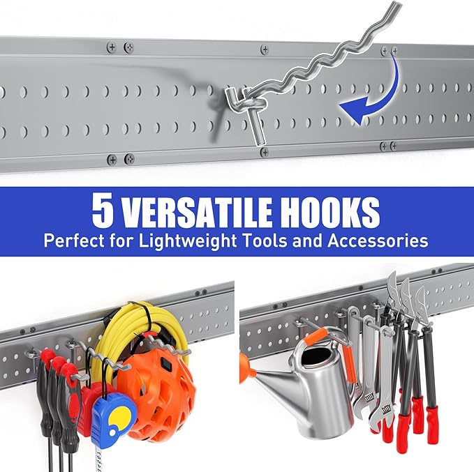 Garage Tool Organizer Wall Mount 96 inches with 18 Adjustable Heavy-Duty Hooks, Garage Organization, Garden Tool Storage Rack, Yard, and Shed, Holds Up to 750 lbs (Grey)