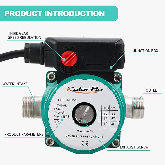 Hot Water Recirculating Pump,3/4 NPT Water Circulator Pump,Circulation Pump for Domestic Water Heater System (RS15-6 Stainless Steel Green)