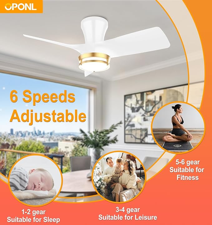 30" White low profile Ceiling Fan with Light, with Gold Trim Ring, Large Air Volume, flush mount ceiling fan for Bedroom Kitchen Dining room Patio