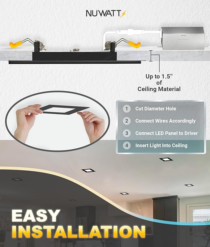 NUWATT 12 Pack 6 Inch Square Ultra-Thin LED Recessed Lighting, Selectable 2700K/3000K/3500K/4000K/5000K, High Brightness 1050 Lumens, Dimmable Black Slim Wafer Light, IC Rated, Metal Junction Box