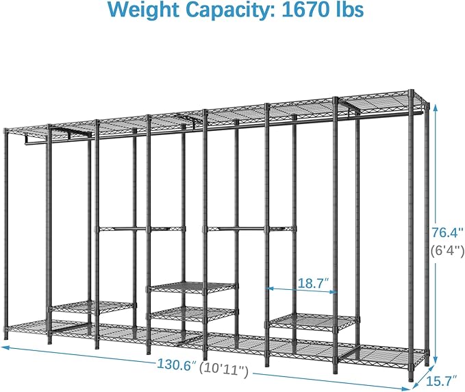 VIPEK V70 Extra Large Clothes Rack Heavy Duty Garment Rack, Freestanding Wardrobe Metal Closet for Hanging Clothes, Bedroom Organizer and Storage, Max Load 1670lbs, Black