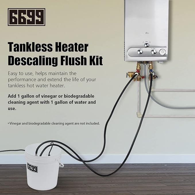 Tankless Water Heater Descaling Flush Kit Includes Submersible Utility Pump with Adapters 3 Gallons Pail with Bucket Lid Opener and Two 3/4" GHT X 6FT PVC Black Hoses Easy Installation to Clean
