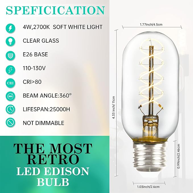 AMDTU Vintage LED Edison Bulb Super Thin Spiral Filament 2700K Soft White, Non-dimmable T45 Incandescent Tubular Light Bulb 40 Watt Equivalent, Clear Glass Light Bulb 4W 120V E26 Base, 4 Pack