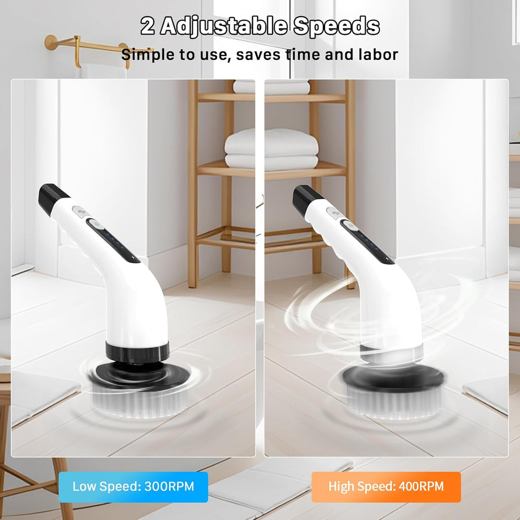 Electric Spin Scrubber, Cordless Cleaning Brush, Shower Scrubber with 7 Replaceable Brush, 2 Speeds and Adjustable Extension Handle for Bathroom Shower Bathtub Glass Car(White)