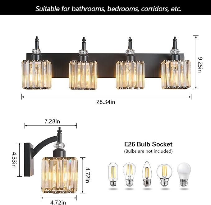 Crystal Vanity Lights - Black 4 Light Modern Bathroom Vanity Light Fixtures Over Mirror