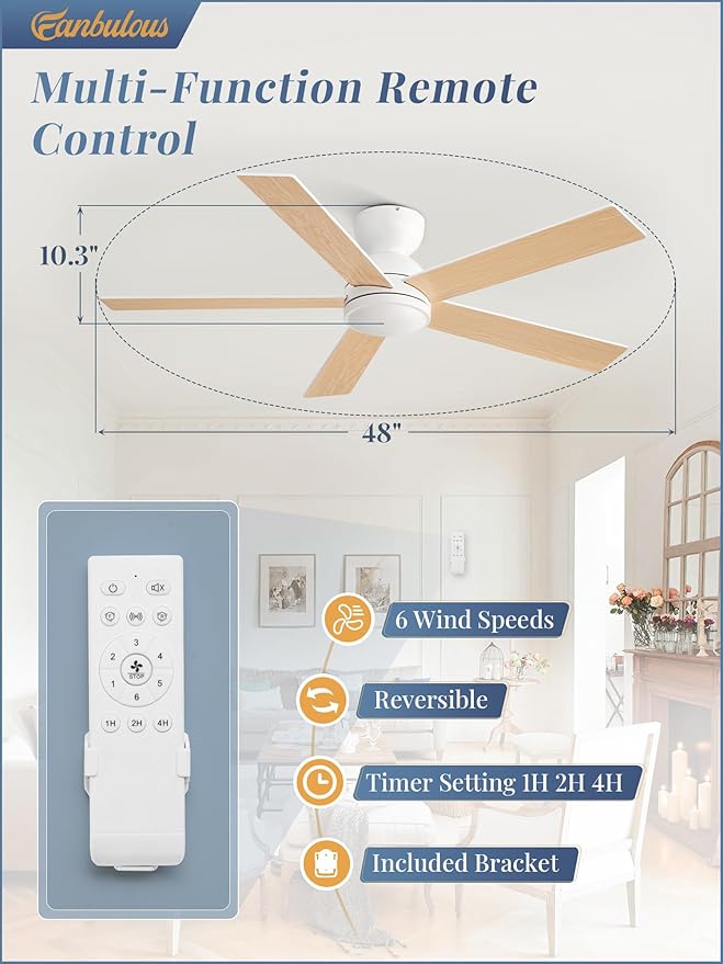 48 Inch Flush Mount Ceiling Fan without lights, White Ceiling Fan with Remote, 6-Speeds, Quiet Reversible DC Motor, Indoor/Outdoor Ceiling Fans for Living Room, Bedroom, Patio