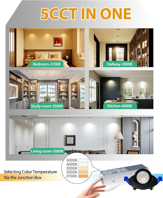 zouzai 2 Inch 5CCT Gimbal Black Led Recessed Lighting with Junction Box, 360°+90° Adjustable Led Recessed Lights, 2700K/3000K/3500K/4000K/5000K, 5W Eqv 50W, 550LM Brightness - ETL (Black, 1 Pack)