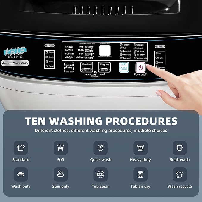 Portable Washing Machine 2.3 Cu. Ft. Full-Automatic Compact Washer Machine for Apartment, 10 Wash Program Small Portable Washer for Dorm, Apartment, RV, Home, Silver