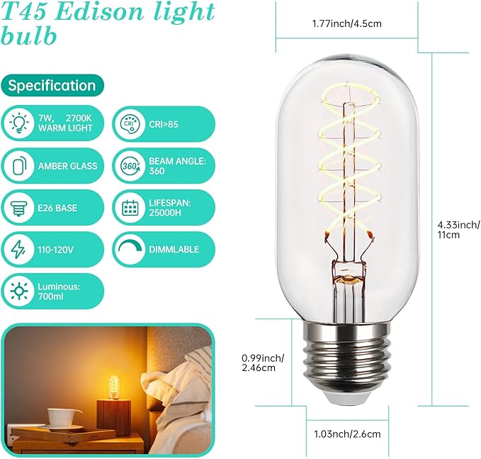AMDTU Edison Bulbs 60 Watts Equivalent Dimmable, Spiral Ultra-Thin Filament E26 LED Bulbs 7W, 700 Lumen, Warm Yellow 2200K E26 Base Bulbs, T45 Amber Glass Tubular Light Bulbs for Lamps, 4 Pack