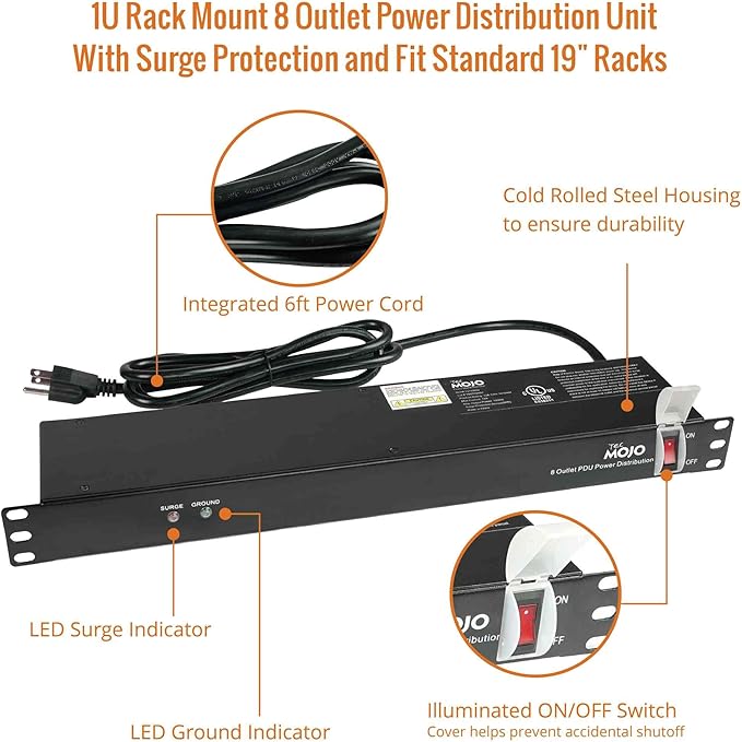 Tecmojo 1U Rack-Mount Horizontal 8-Outlet Power Strip UL Listed PDU with Surge Protection 6ft Cord Power Distribution for IT and Network Server Racks