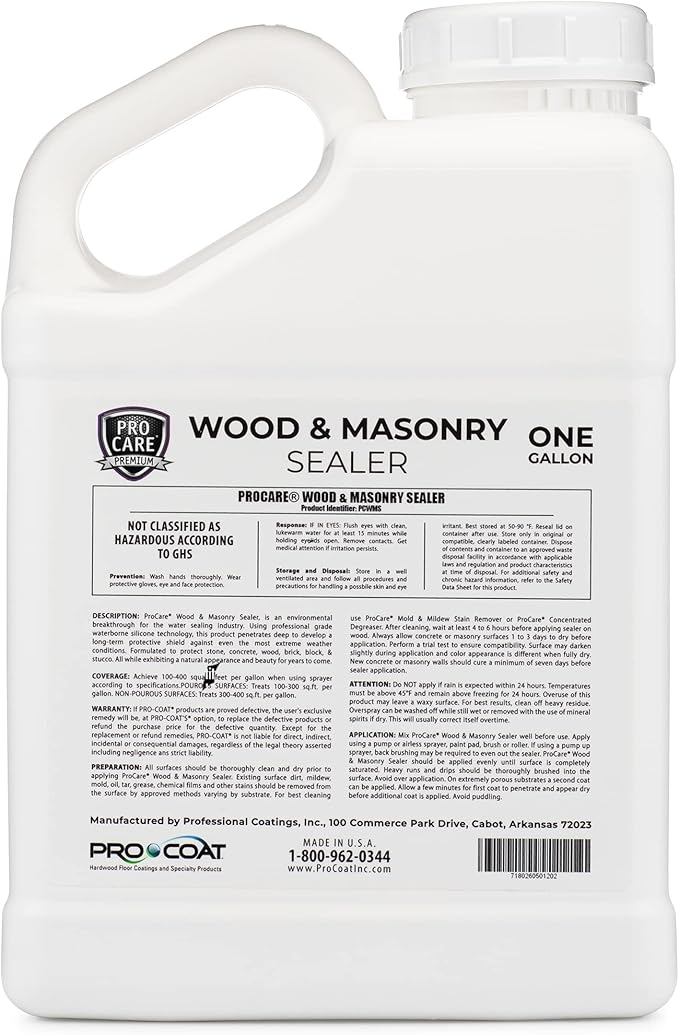 ProCare Premium Masonry and Wood Floor Sealer - Outdoor Waterproof Protectant for Concrete, Stone, Exterior Wood, Brick, Stucco - Weatherproof Clear Silicone Sealant - Made in The USA (1 Gallon)