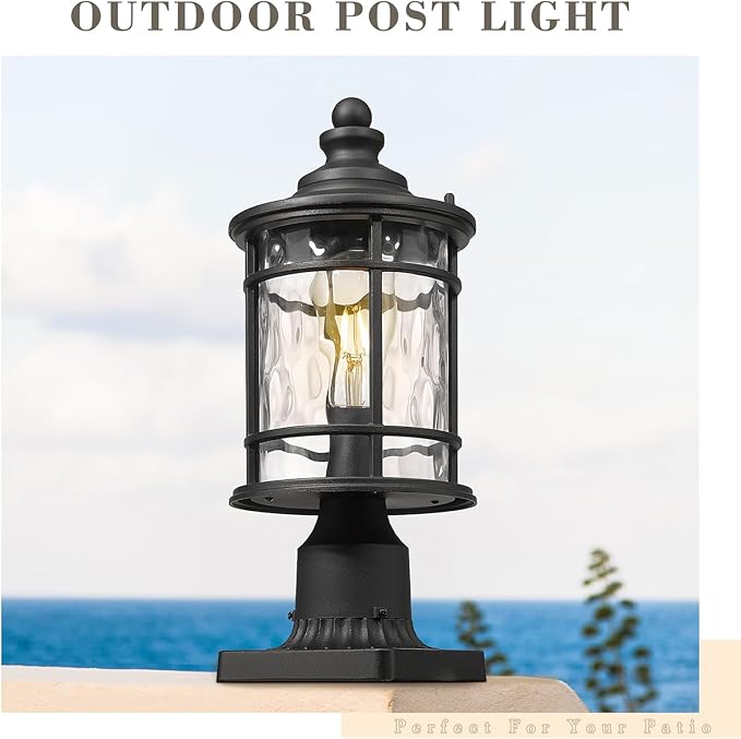 Emliviar Outdoor Post Lighting, 15 Inch Modern Vintage Exterior Pole Lantern for House Garden, Lamp Post Light with Water Ripple Glass, Black Finish, XE229P-WG BK