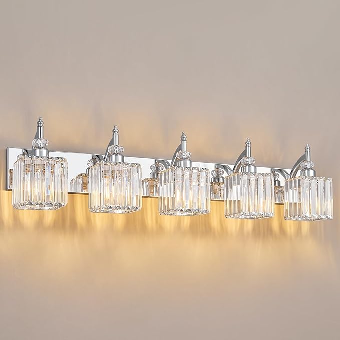 Crystal Vanity Lights Chrome 5 Light Bathroom Light Fixtures Over Mirror Modern Vanity Light for Bathroom
