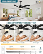 60 Inch Ceiling Fans with Lights Remote, Black Ceiling Fan Light Outdoor Indoor, USA Original Patent, ETL Listed, Timer, 5 Solid Wood Blades, 6 Speed Noiseless DC Motor Fans for Patios, 60in Black
