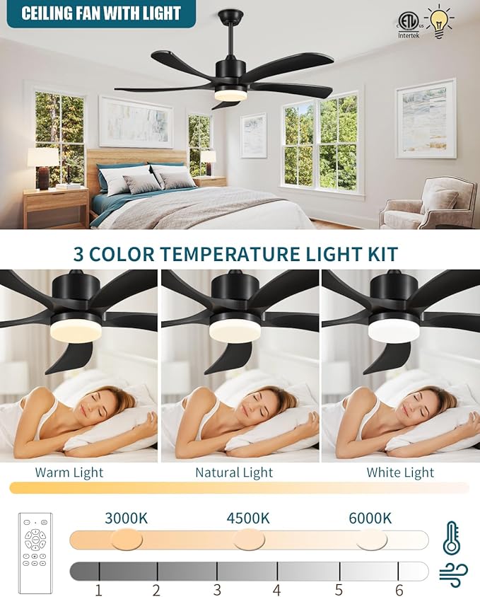 60 Inch Ceiling Fans with Lights Remote, Black Ceiling Fan Light Outdoor Indoor, USA Original Patent, ETL Listed, Timer, 5 Solid Wood Blades, 6 Speed Noiseless DC Motor Fans for Patios, 60in Black