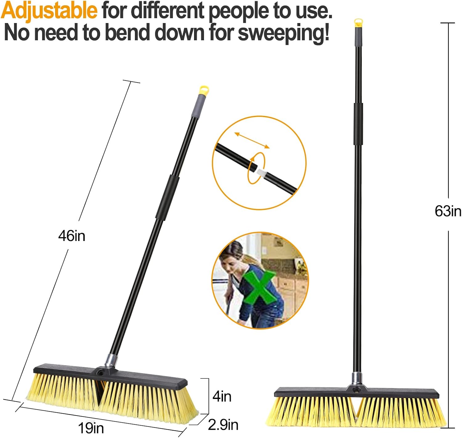 18 Inches Push Broom Outdoor- Heavy Duty Broom with 63" Long Handle for Deck Driveway Garage Yard Patio Concrete Floor Cleaning
