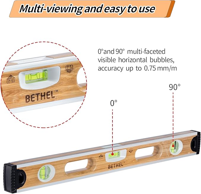 BETHEL Bamboo Level, 24 Inch Level & Tool Solid Block Acrylic Vials, Resists Mortar Adhesion, for Masonry Application and General Leveling (Bamboo)