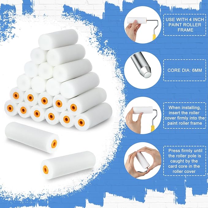 Nuogo 120 Pcs 4 Inch Foam Paint Roller Mini High Density Foam Roller Refills Paint Edger Tool for Walls Brings Smooth Finishes Flat Surfaces (White)
