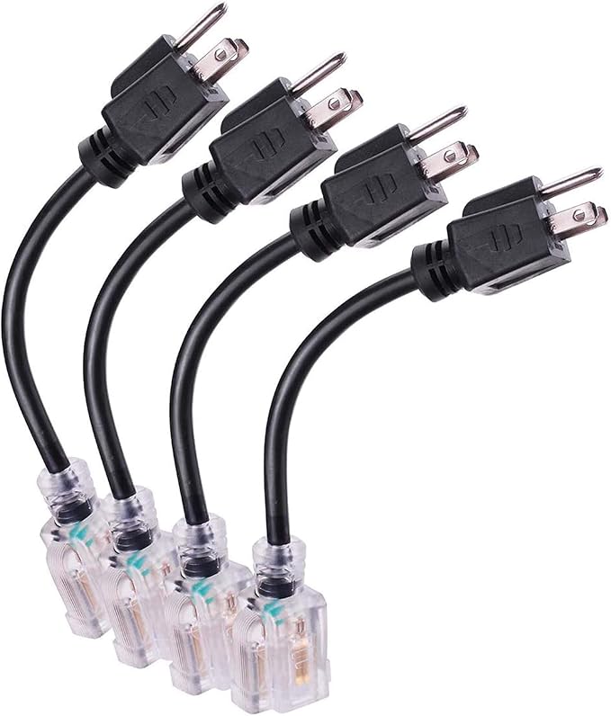 Miady Short Power Extension Cord Outlet Saver, Female Plug with Lighted End 16AWG/13A, 3 Prong (4 Pack, Black, 8 Inch)