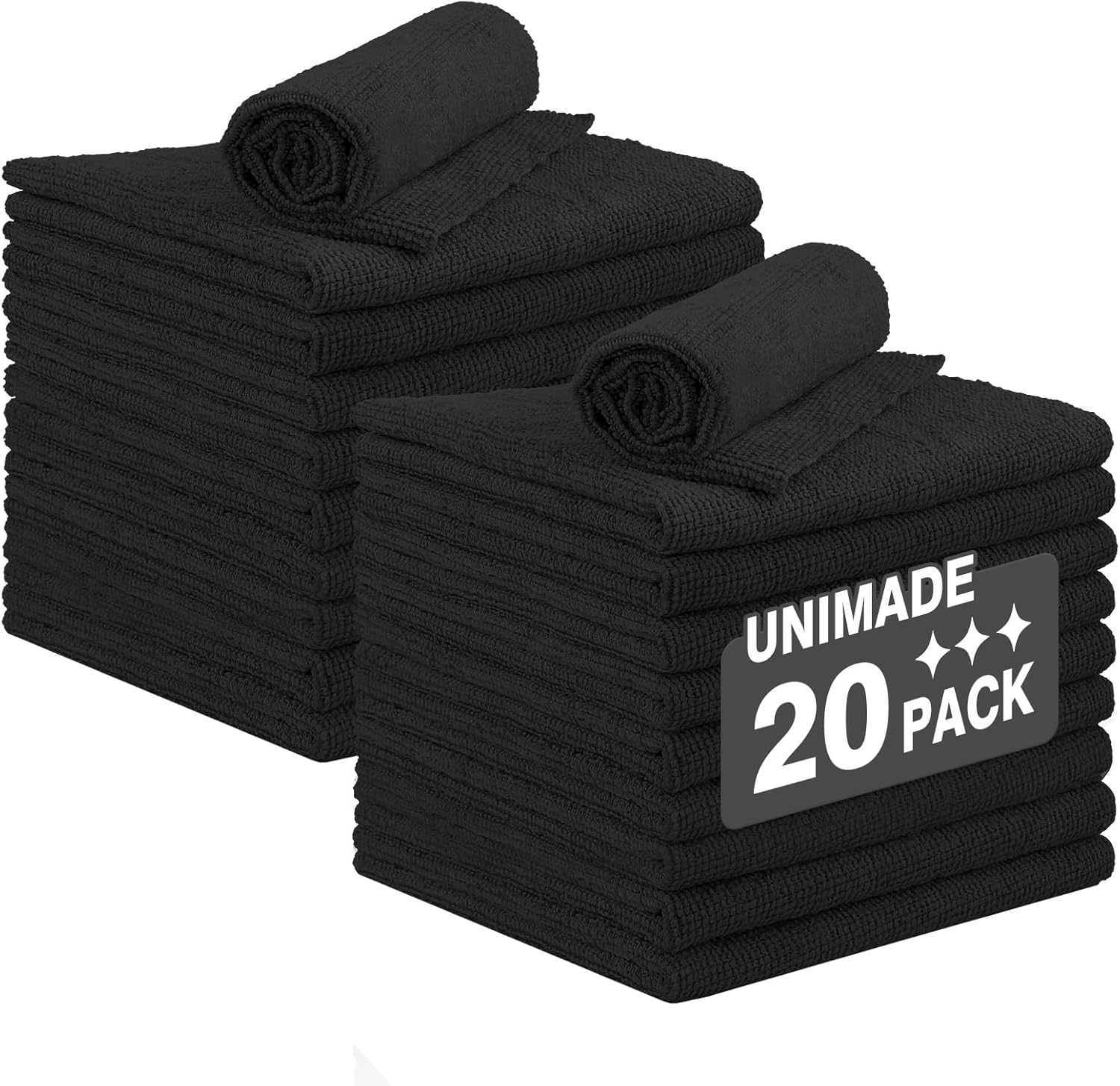 Shop Towel Rags, 20 Pack Reusable Shop Rags Bulk Microfiber Cleaning Cloth Lint Free Cleaning Towels for Car Kitchen Automotive Bar Mechanic Restaurant Garage, 11.5"x 11.5", Black