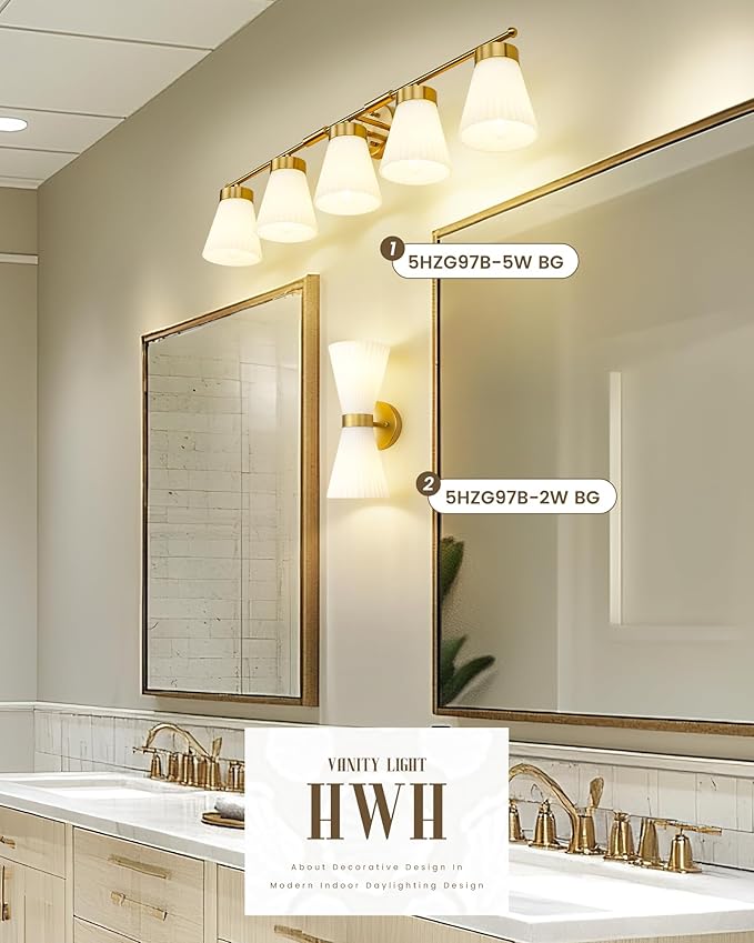 Bathroom Light Fixture, HWH 5-Light Bathroom Vanity Light Brushed Gold Vanity Lighting Over Mirror, Modern Vanity Lights with Frosted White Striped Glass, 5HZG97B-5W BG