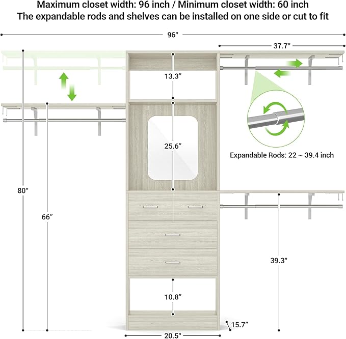Unikito 8FT Closet System with 4 Drawers, 96" Wood Closet Organizer with Mirror and Hanging Rods, Sturdy Walk in Wardrobe Closet Insert with Tower, 96" W x 16" D x 80" H (Can Be Cut To Fit), White Oak