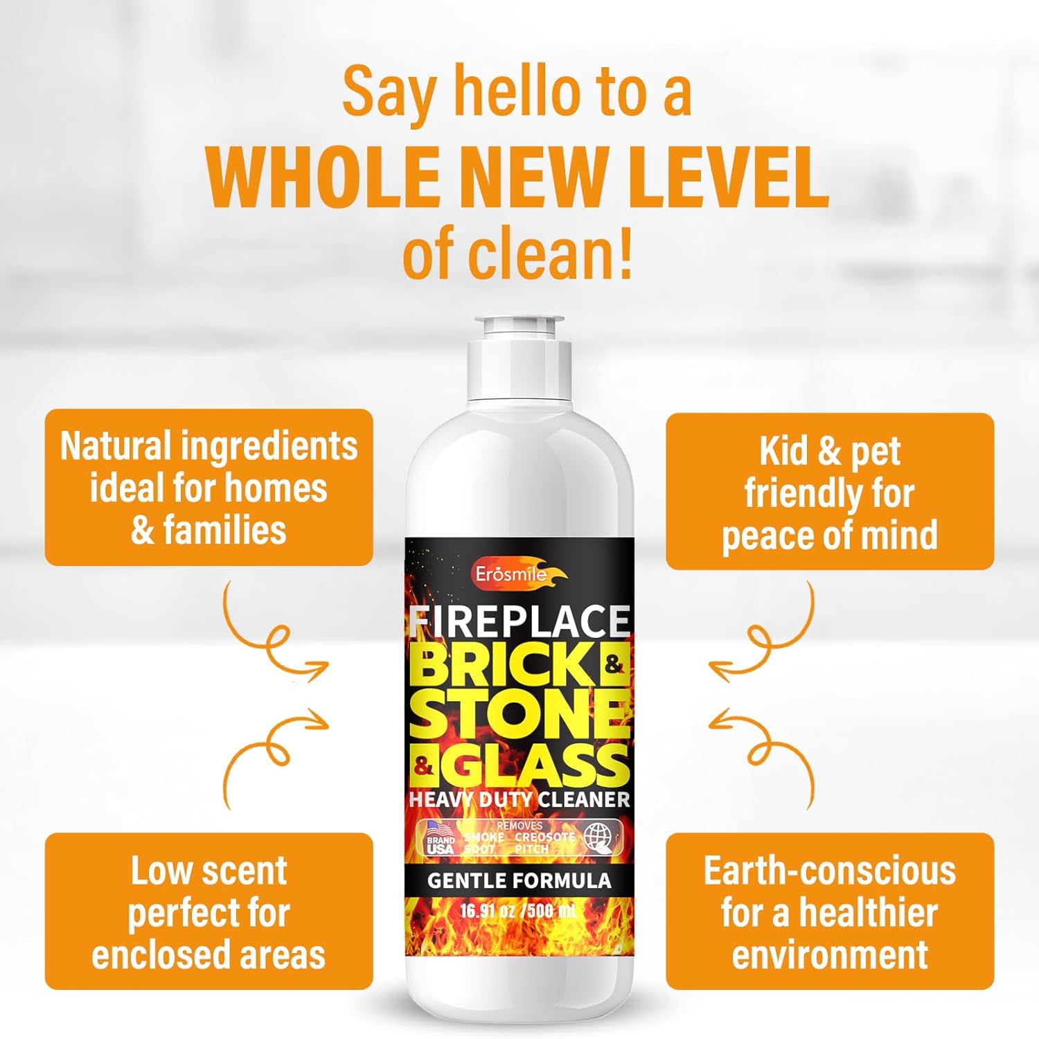 Fireplace Cleaning Set Fireplace Soot Remover with Scrub Brush for Brick, Stone, Rock, Tile, and Marble – Nonabrasive Brick Cleaner, Gentle Formula for Bricks & Glass Indoor and Outdoor -16.91 oz